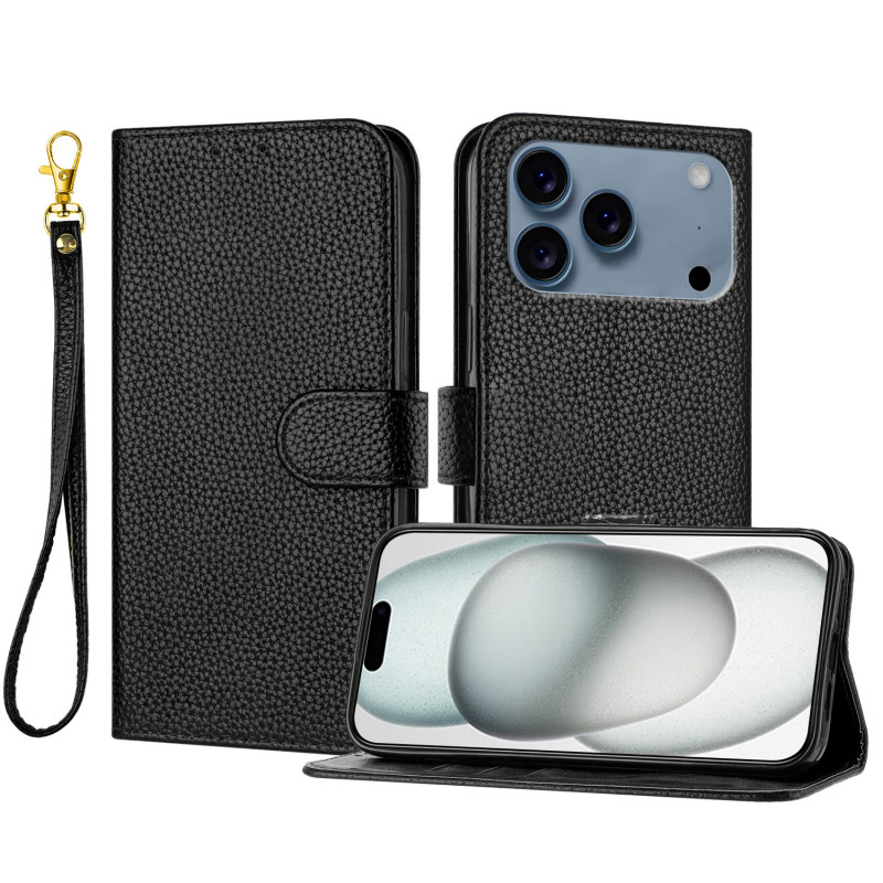 Custodia per iPhone 18 Pro / 17 Pro in similpelle Litchi con cordino