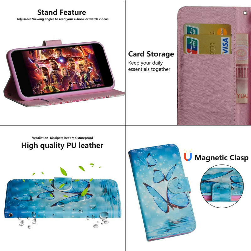 Xiaomi Redmi Note 8 Pro Custodia Farfalle Blu Volanti