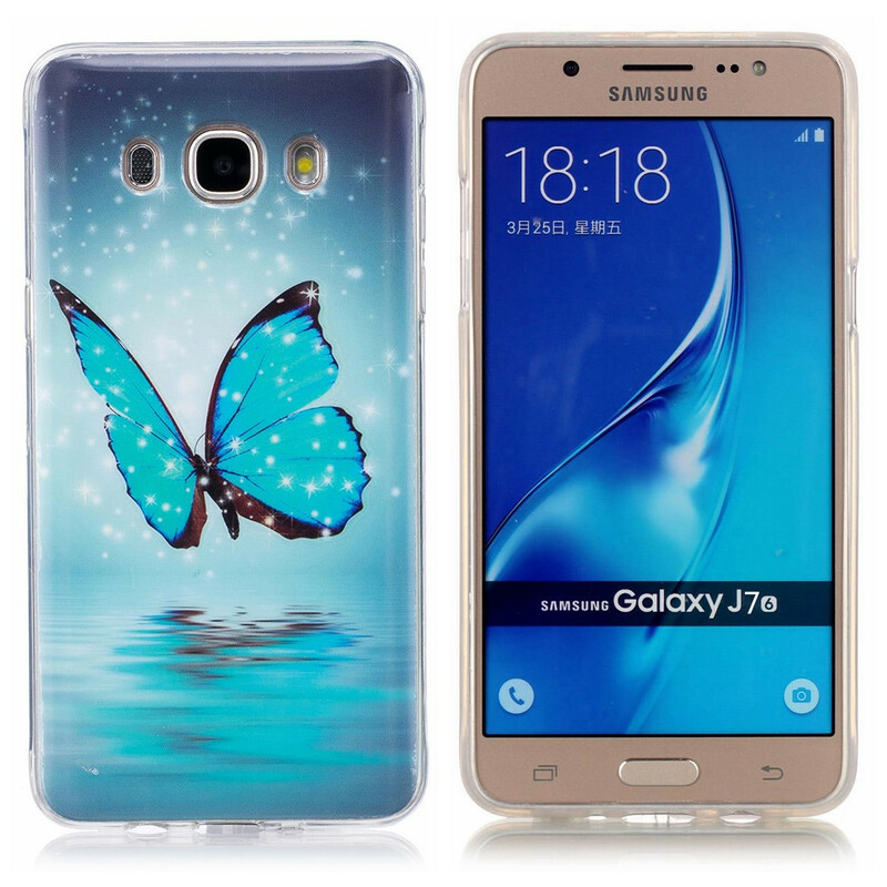 Samsung Galaxy J7 2016 Custodia a farfalla blu fluorescente