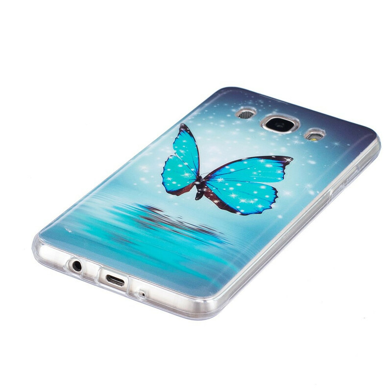 Samsung Galaxy J7 2016 Custodia a farfalla blu fluorescente