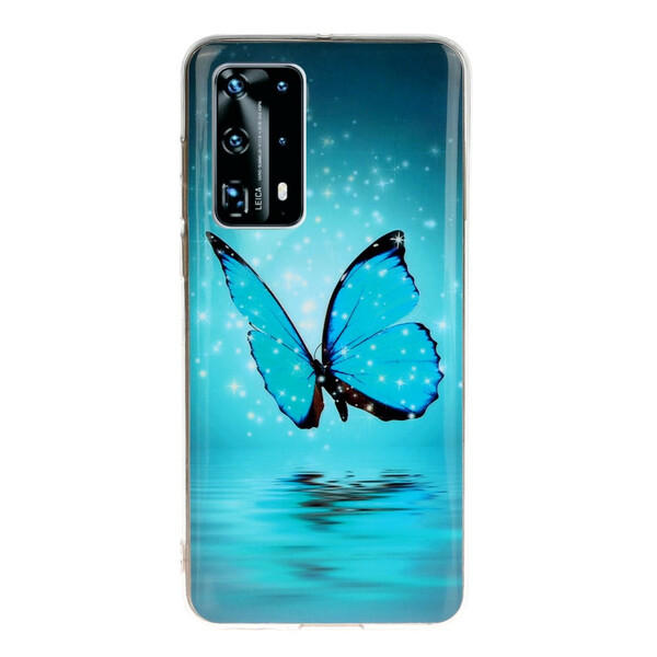 Huawei P40 Pro Custodia a farfalla blu fluorescente