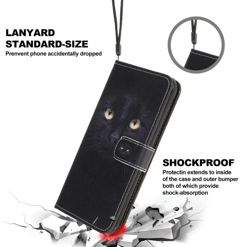 Samsung Galaxy A31 Custodia nera con cinturino a occhi di gatto Samsung Galaxy A31 Custodia nera con cinturino a occhi di gatto