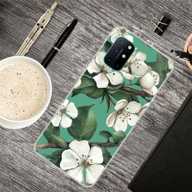 Cover OnePlus 8T dipinta con fiori bianchi