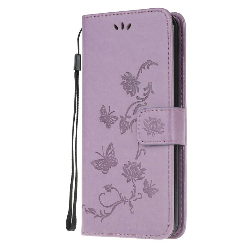 Custodia Samsung Galaxy A42 5G Farfalle e fiori con cinturino