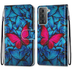 Samsung Galaxy S21 5G Custodia Farfalla rossa su sfondo blu