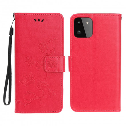 Samsung Galaxy A22 5G fodral med fjärilar och blommor med band