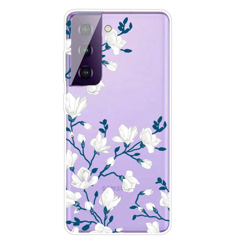 Samsung Galaxy S21 FE vit blomma fodral