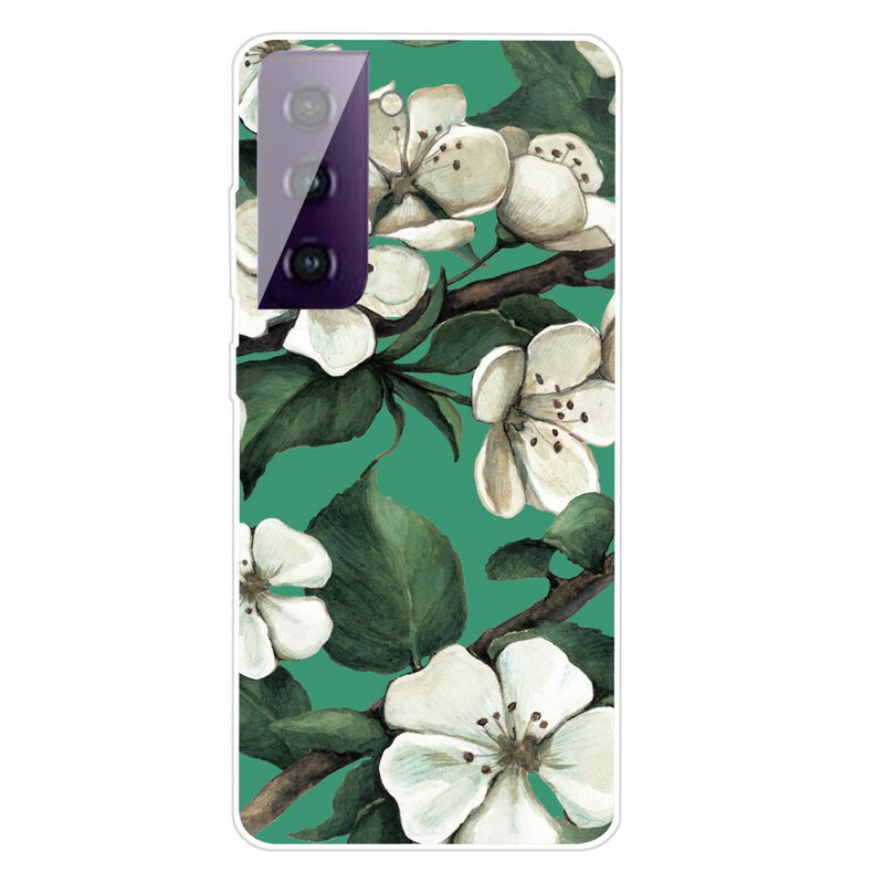 Samsung Galaxy S21 FE fodral med målade vita blommor