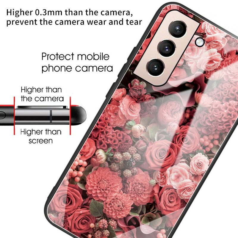 Samsung Galaxy S21 FE fodral Härdat glas Rosa blommor