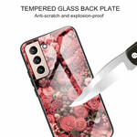 Samsung Galaxy S21 FE fodral Härdat glas Rosa blommor