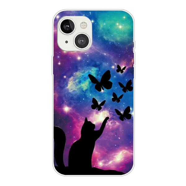 Fodral iPhone 13 Katt och fjärilar i rymden
