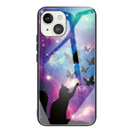 Fodral iPhone 13 Tempererat glas Katt och fjärilar i rymden
