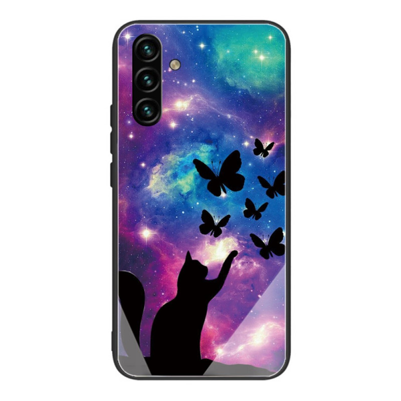 Fodral Samsung Galaxy A13 5G / A04s Härdat glas Katt och fjärilar i rymden