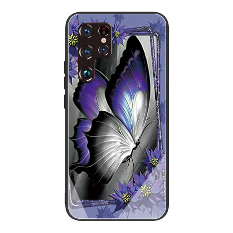 Samsung Galaxy S22 Ultra 5G Hårdgjord glasväska Butterfly Purple