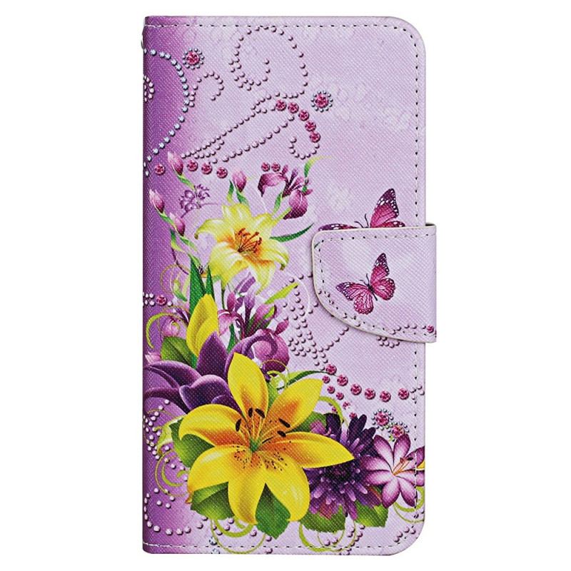 Fodral iPhone 15 Fjärilar och blommor med rem