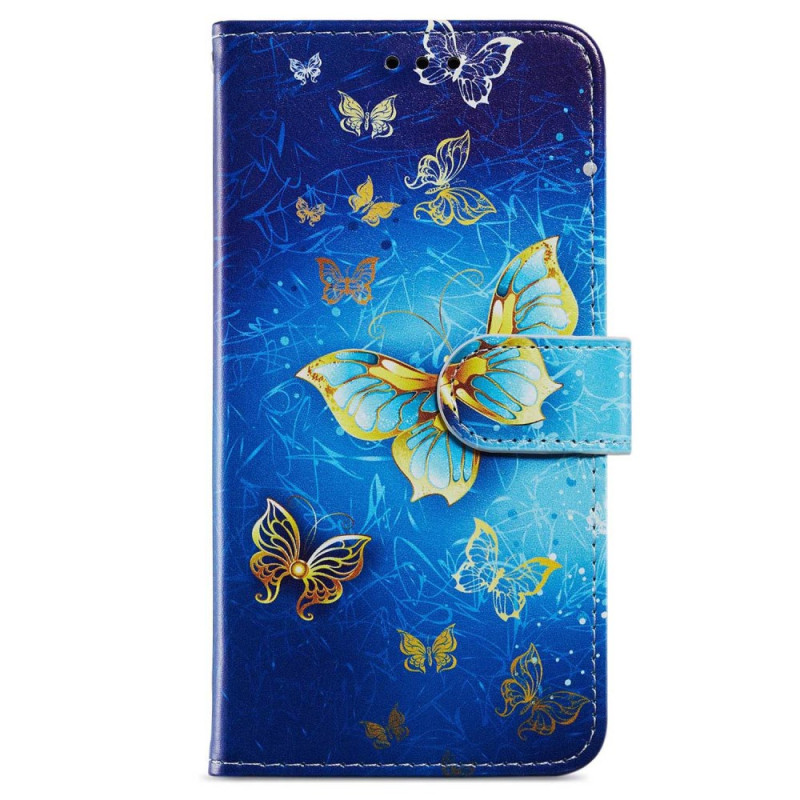 Moto G54 5G Guldfärgat fodral med fjärilar på blå bakgrund