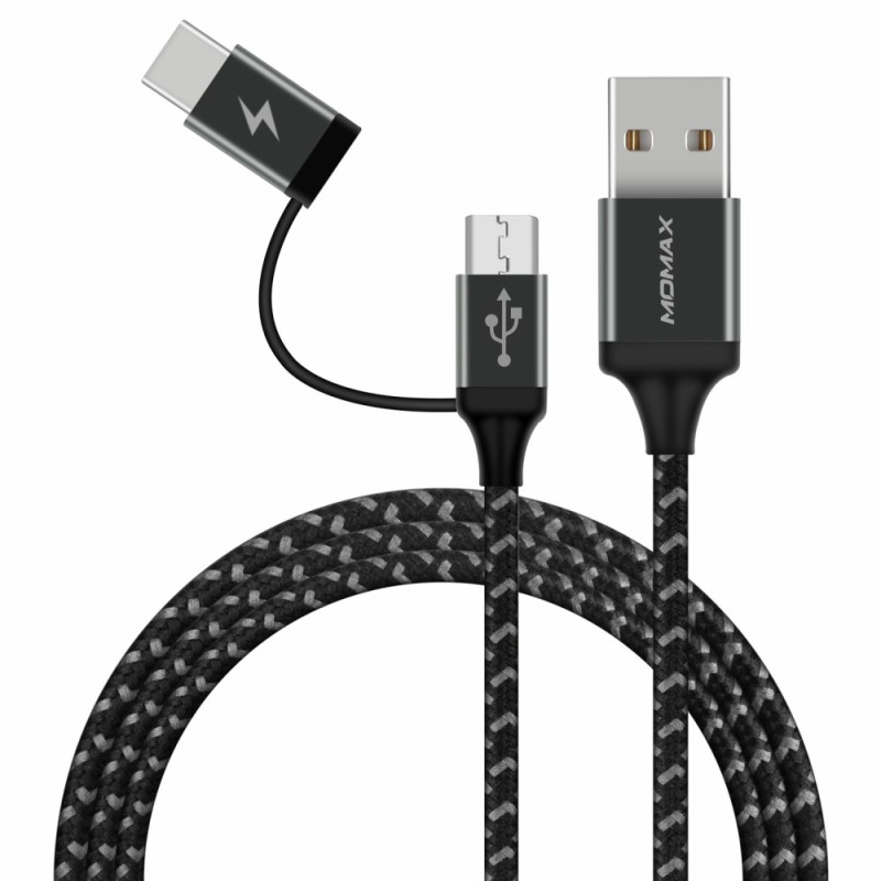 MOMAX 2-i-1 Micro USB + typ-C synkroniseringskabel 1m