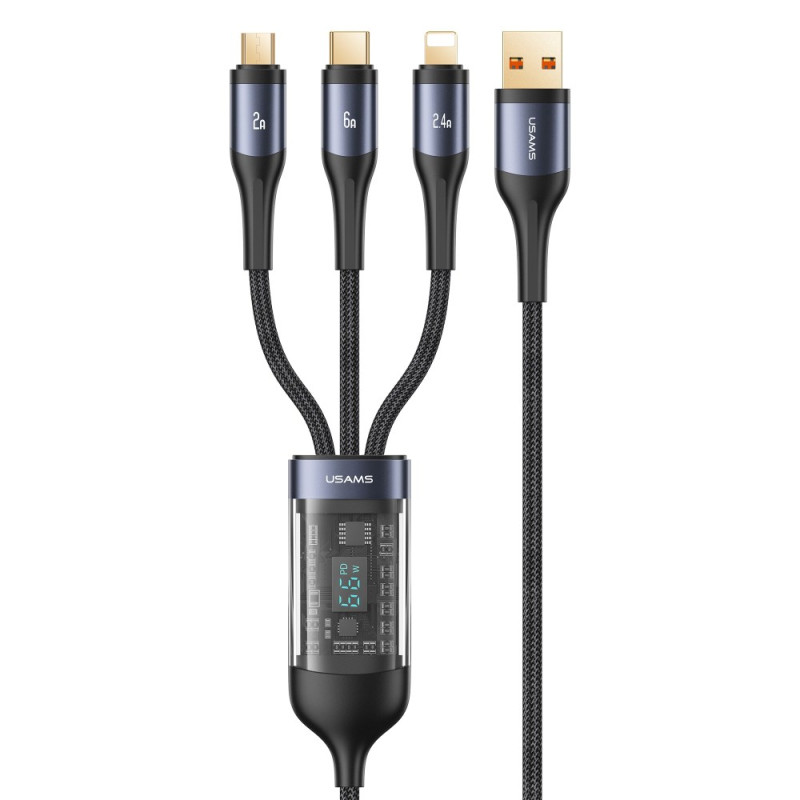 USB till Lightning / Micro / Type-C USAMS 3-i-1 snabbladdningskabel för digital display