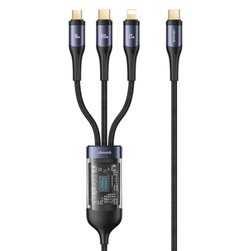 USAMS 1,2 m USB-C till Lightning / Type-C / Micro 3-i-1 snabbladdnings- och datakabel