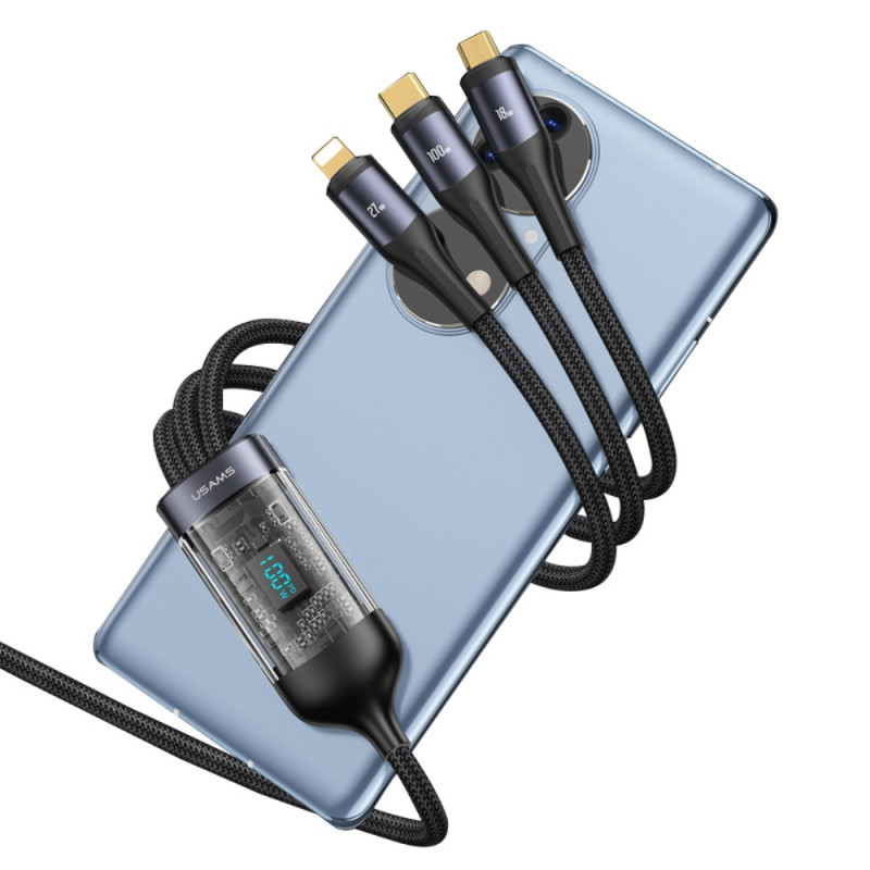 Câble de Données de Charge Rapide 3-en-1 USB-C vers Lightning / Type-C /  Micro de 1,2m USAMS