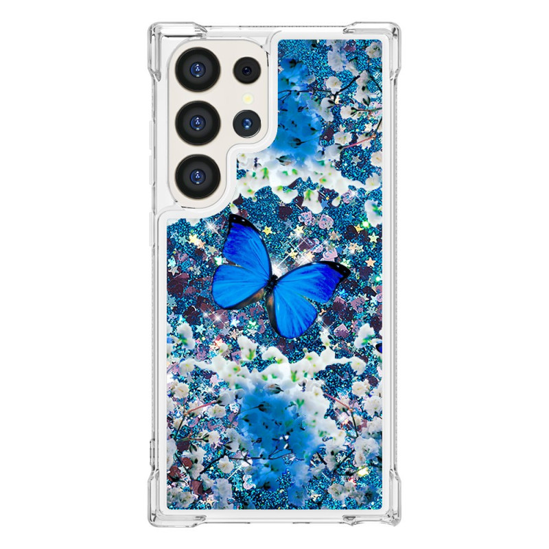 Samsung Galaxy S24 Ultra 5G Glitter Fodral Butterfly Blå