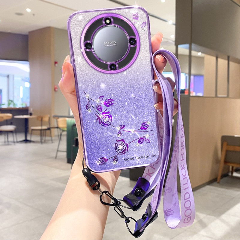 Honor Magic 5 Lite 5G / X9a Strass och blommönster Lanyardfodral KADEM