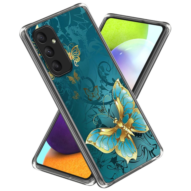 Samsung Galaxy A35 5G Fodral Guldfärgade fjärilar på grön bakgrund