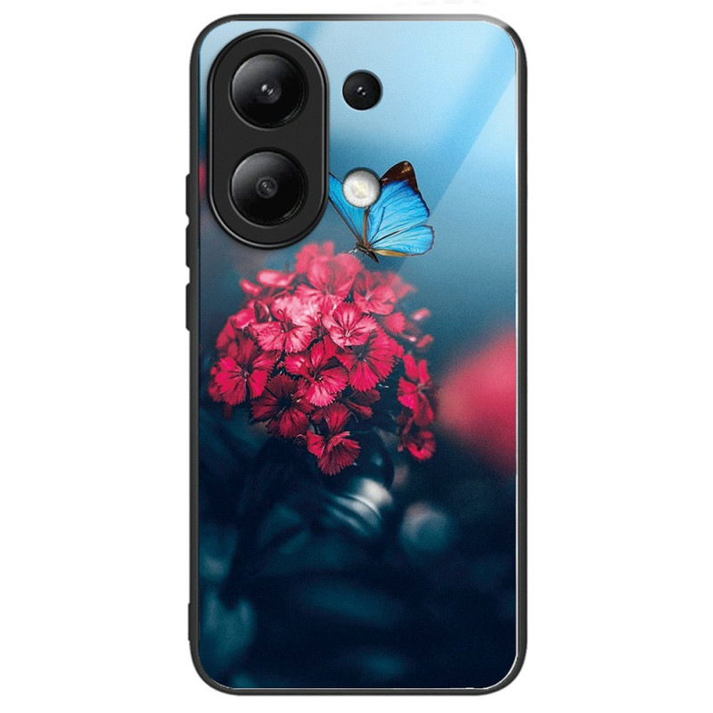 Xiaomi Redmi Note 13 4G Fodral av härdat glas Röda blommor och fjärilar