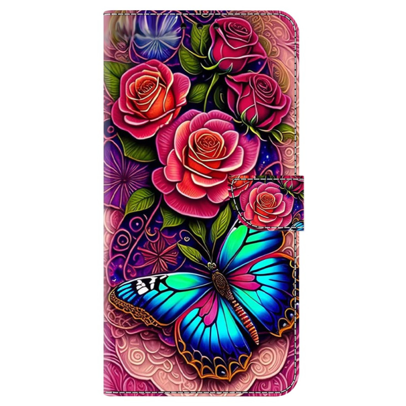 Moto G85 5G Fodral Butterfly Cyan och röda blommor