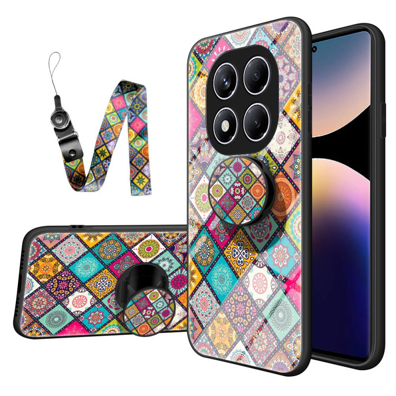 Coque Xiaomi Redmi Note 14 Pro 4G Support et Lanière Motif Patchwork