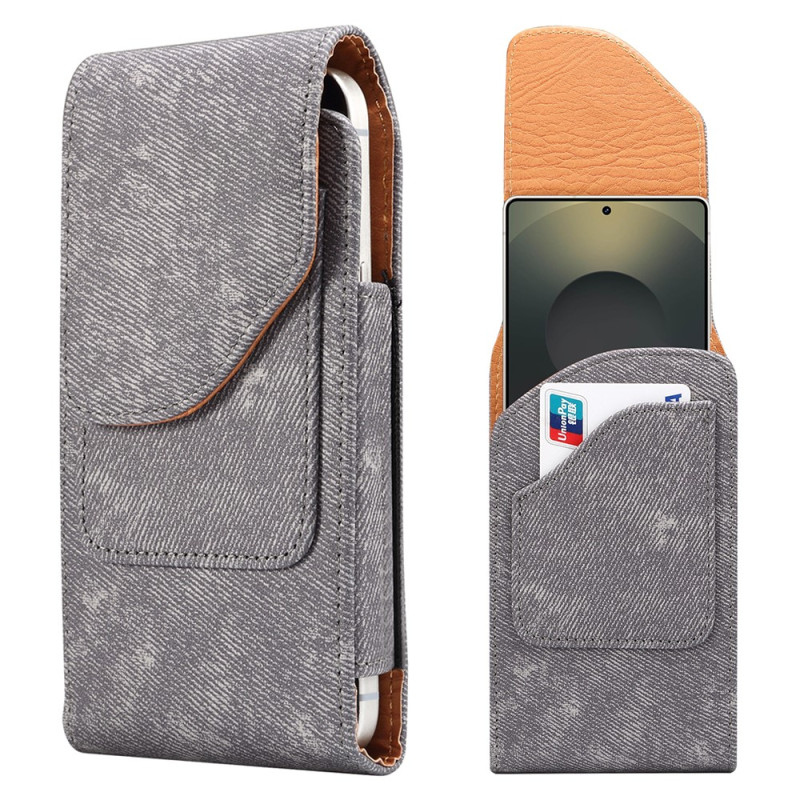 Universellt bältesfodral i PU-läder med jeanslook för 7,2-tums smartphone med kortfack