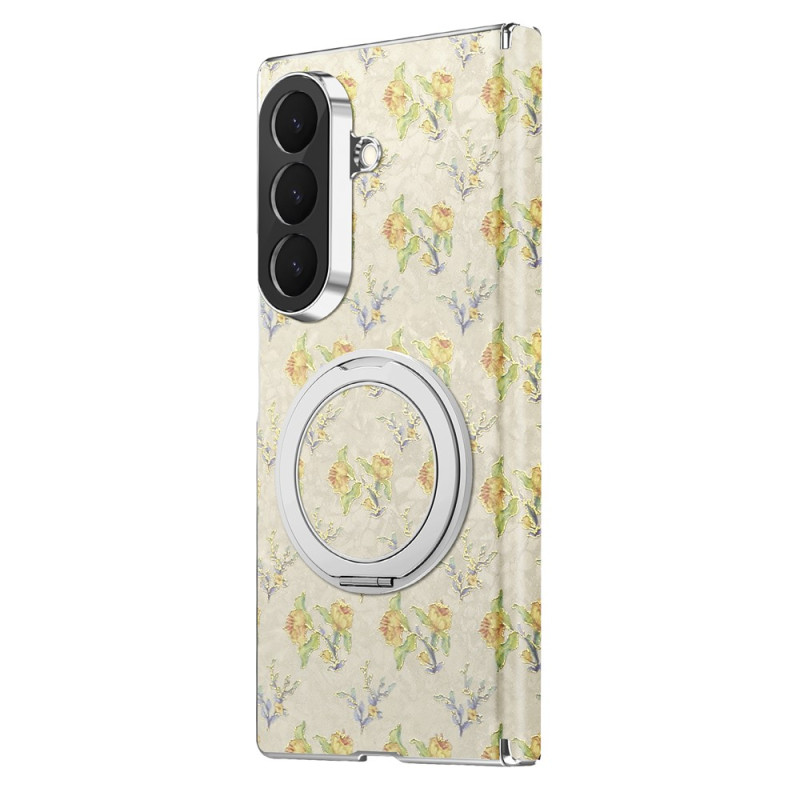 Samsung Galaxy Z Fold 8 Ultra-skal med blommönster och magnetiskt vridbart stativ