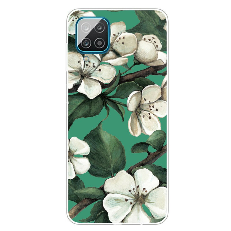 Samsung Galaxy A12 Cover Painted White Flowers