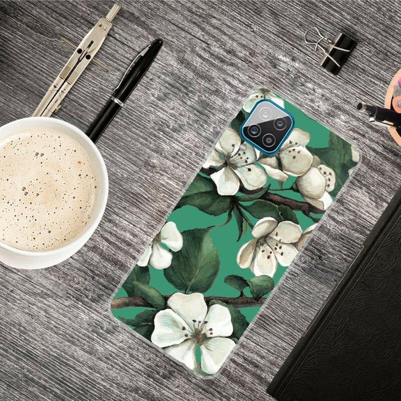 Samsung Galaxy A12 Cover Painted White Flowers