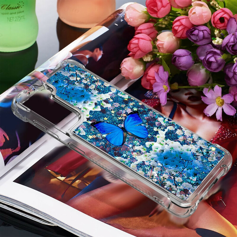 Samsung Galaxy S21 5G Glitter Blue Butterflies Case